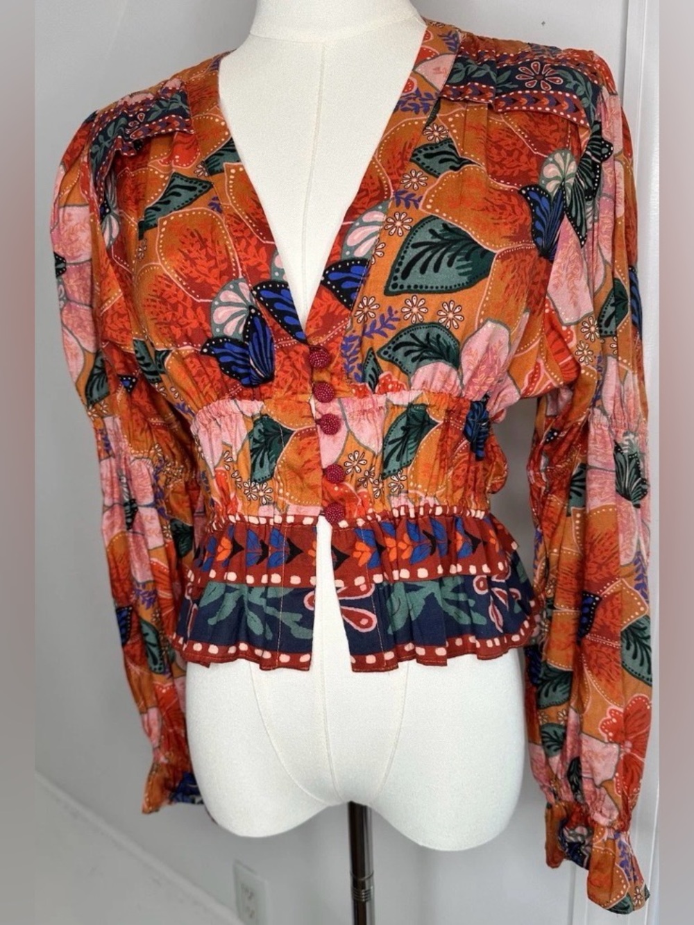 Farm Rio Tropical Floral Puff Sleeve Cropped Blouse Top XS